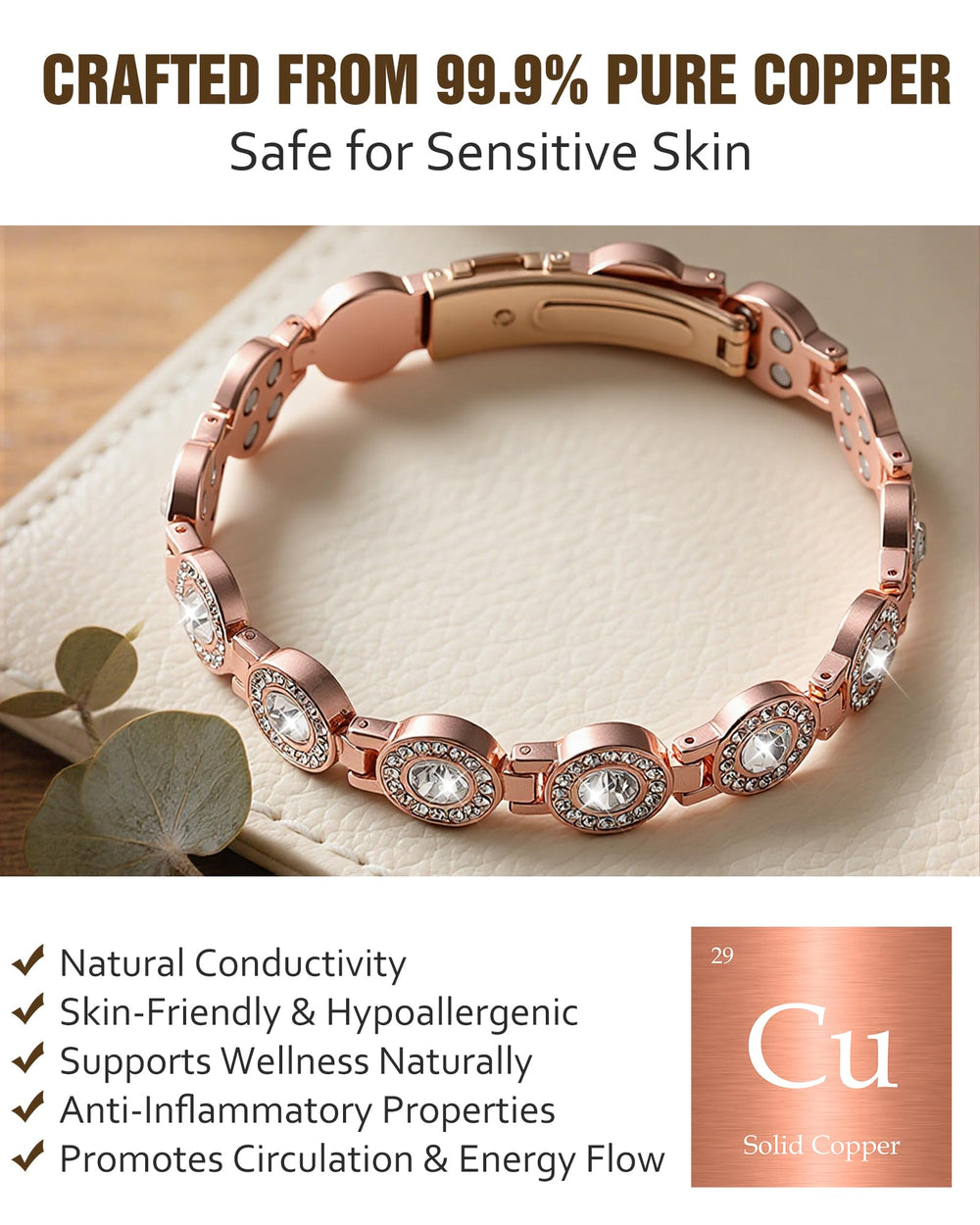 Jecanori copper bracelet with adjustable fold-over clasp for secure wear