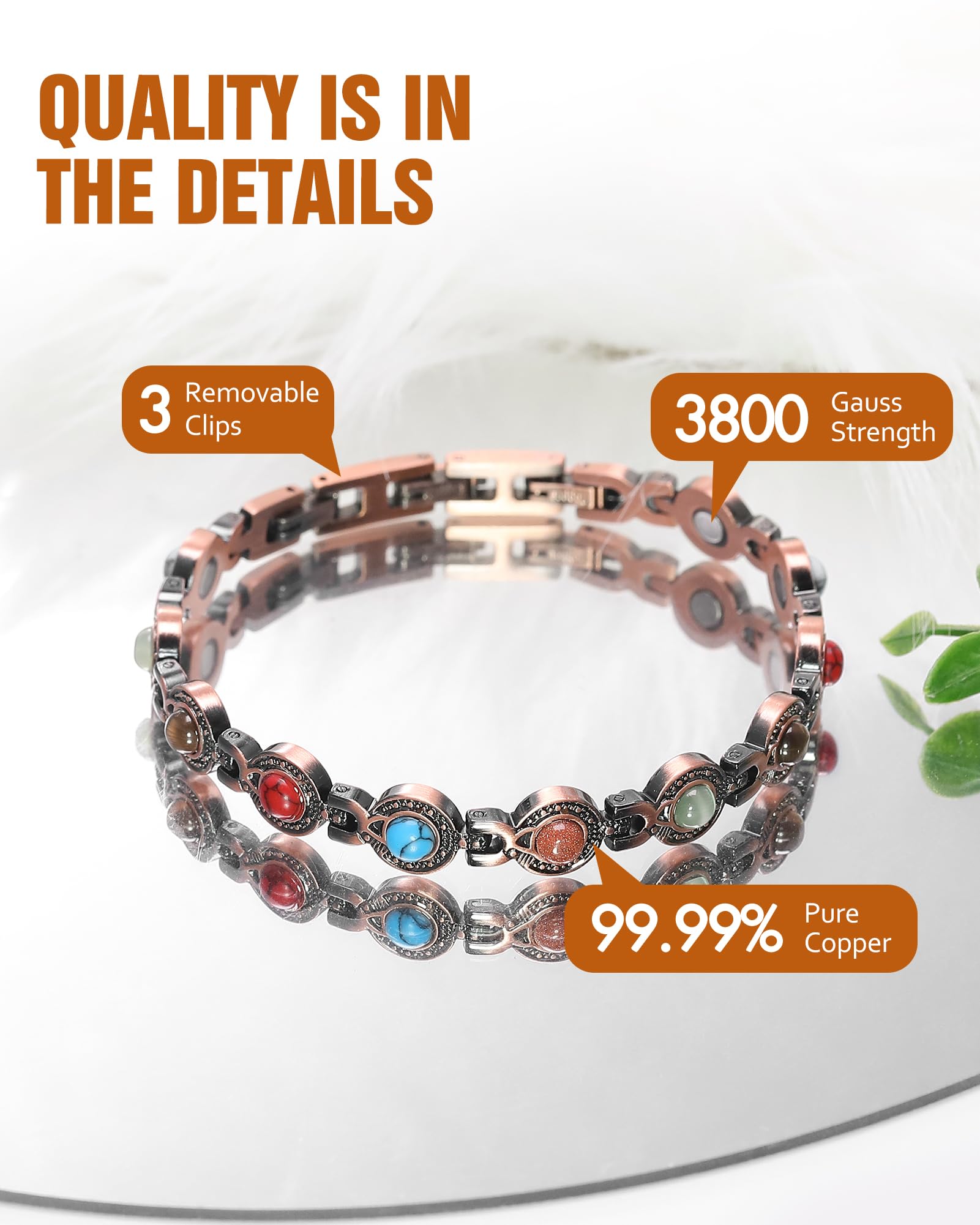 Jecanori close-up reveals copper texture and colorful stones for detail.