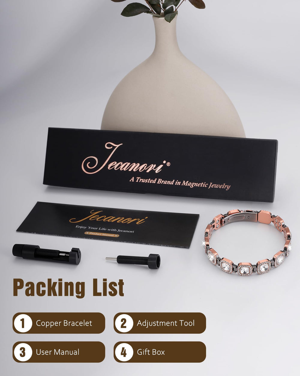 Jecanori copper bracelet packaging highlighting a gift-ready presentation.