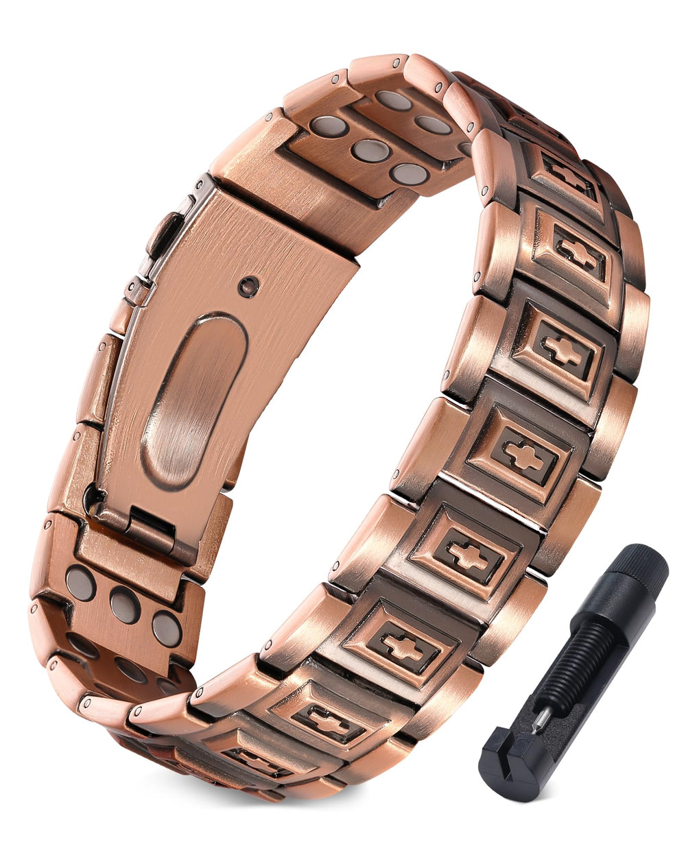 Jecanori copper bracelet closeup showing three magnets delivering 3800 Gauss per link.