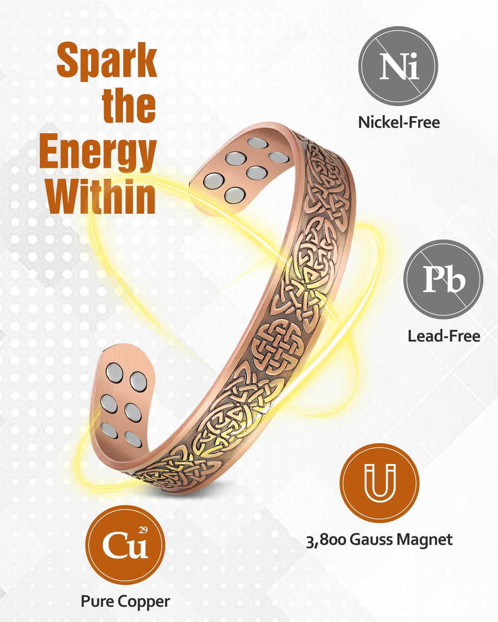 Jecanori bracelet with 18 magnets at 3800 gauss for stronger magnetic properties.