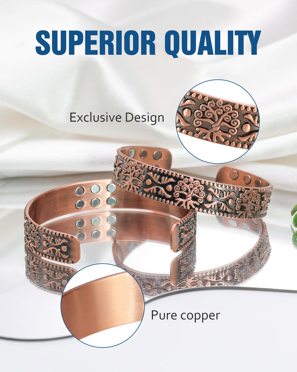 Close-up of Jecanori copper surface showing 99.99% copper purity.