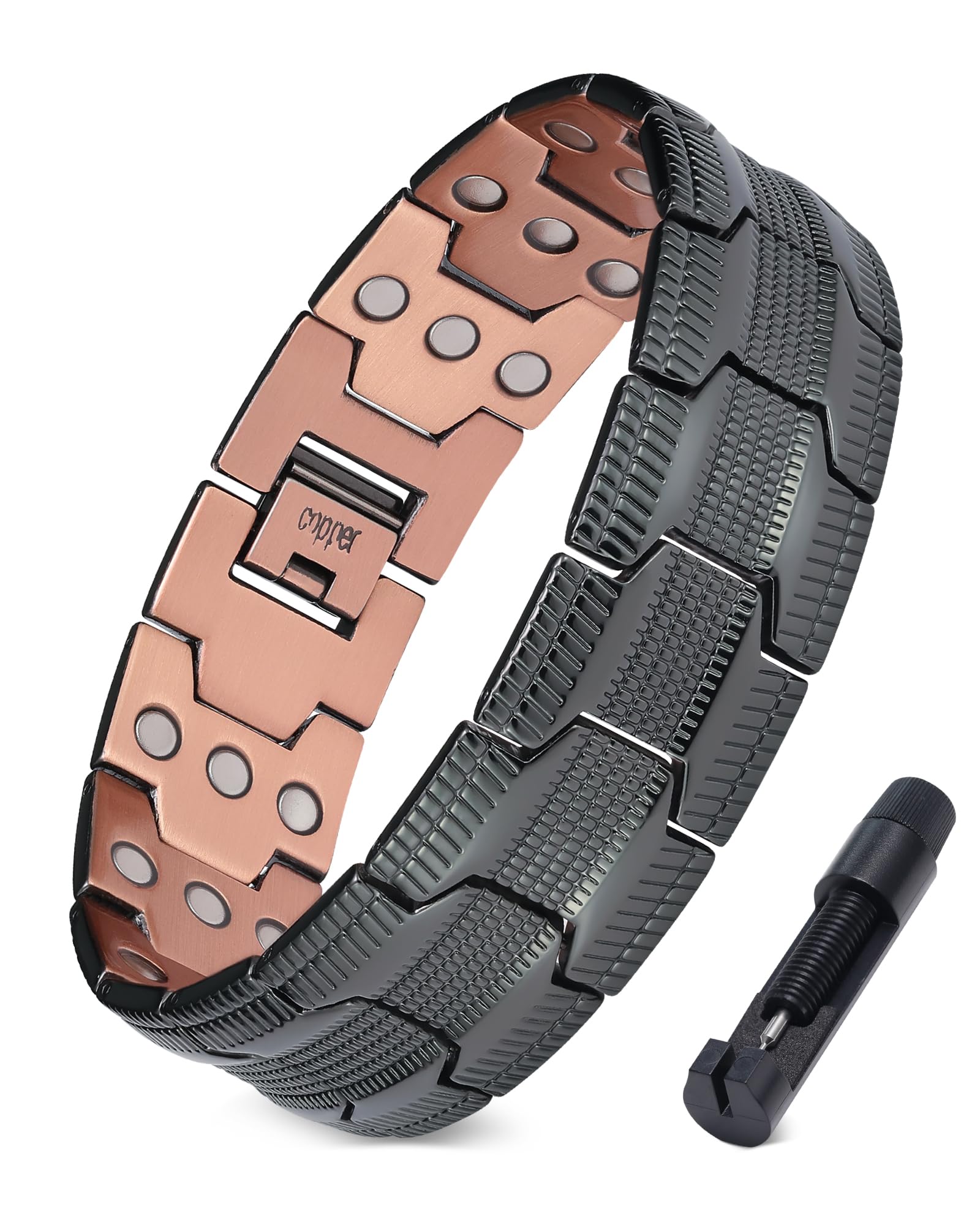 Jecanori copper bracelet for men closeup highlights premium finish and magnetic links for daily wear.