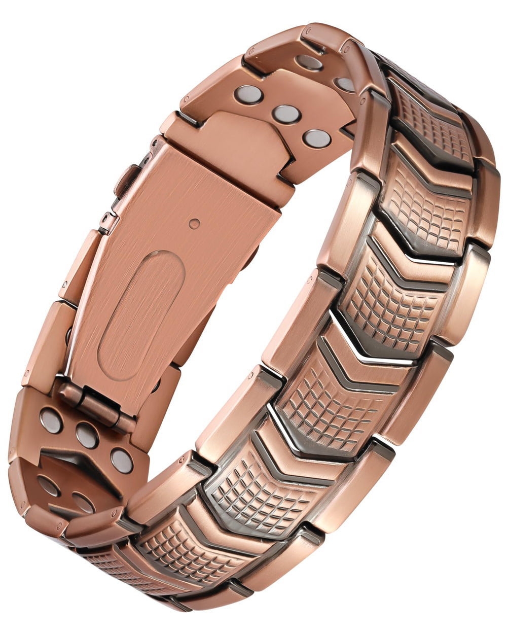 Jecanori men's copper bracelet with Roman-pattern close-up, showcasing durable elegance