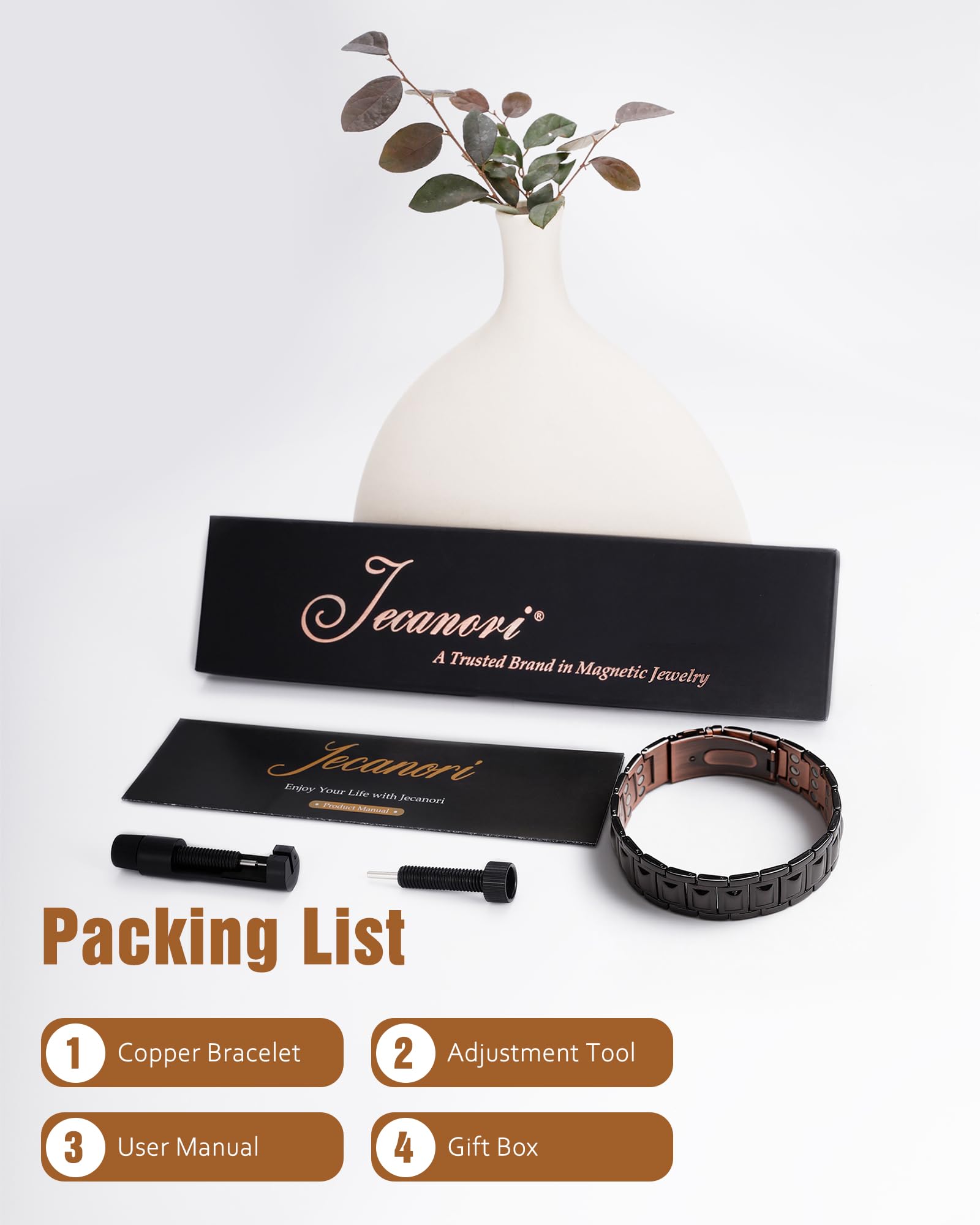Jecanori copper bracelet on wrist shows versatile, casual look.
