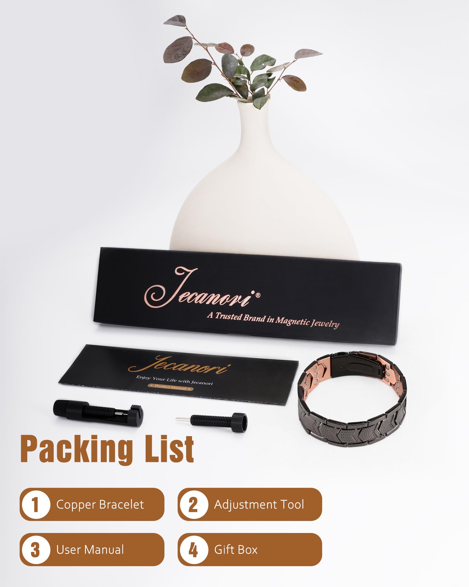 Jecanori copper bracelet size tool included for easy personalized comfort fit.