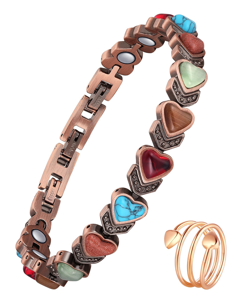 Jecanori copper bracelet for women closeup showing magnets for daily wear.