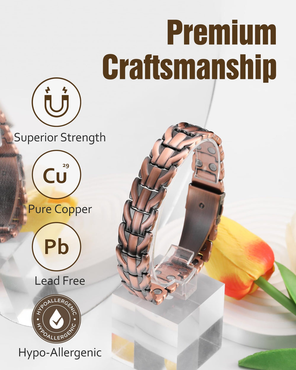 Jecanori copper bracelet worn with casual attire for a refined earthy look.