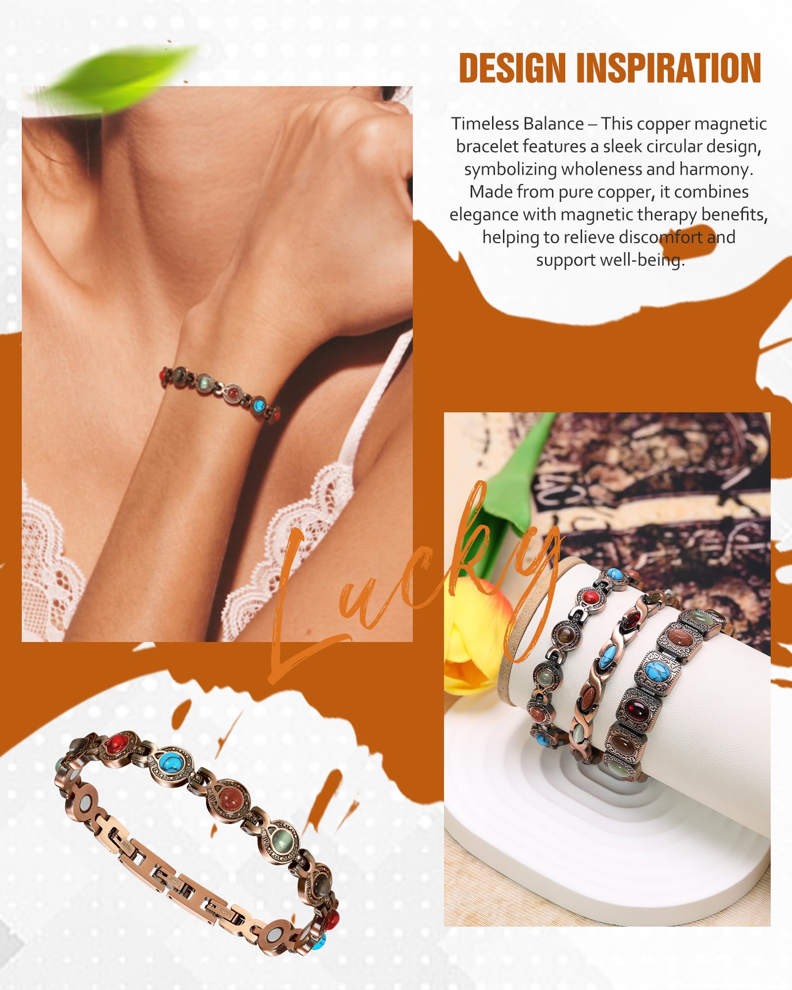 Jecanori copper bracelet on wrist with adjustable clasps for versatile sizing.