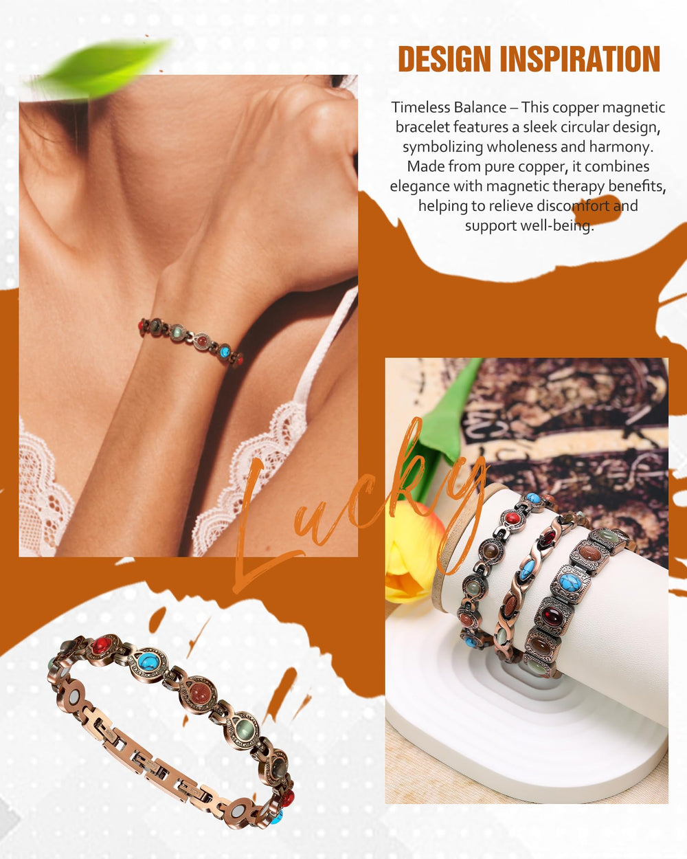Jecanori copper bracelet on wrist with adjustable clasps for versatile sizing.