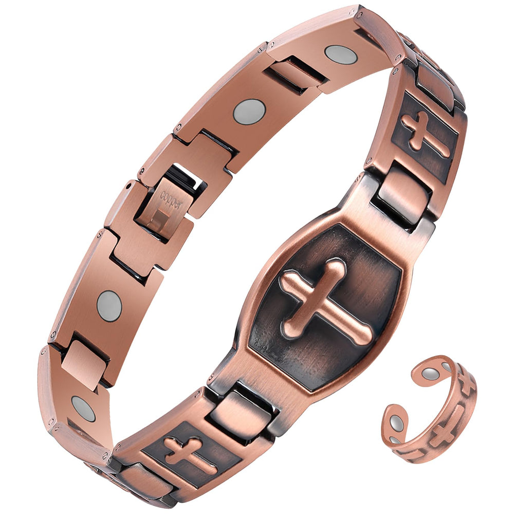 Jecanori Copper Cross Bracelet for Men worn on the wrist for daily comfort.