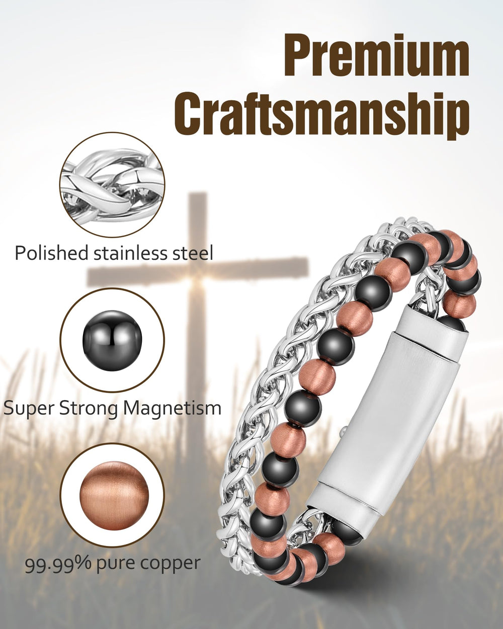 Jecanori cross-accent bracelet design highlights faith-inspired style.