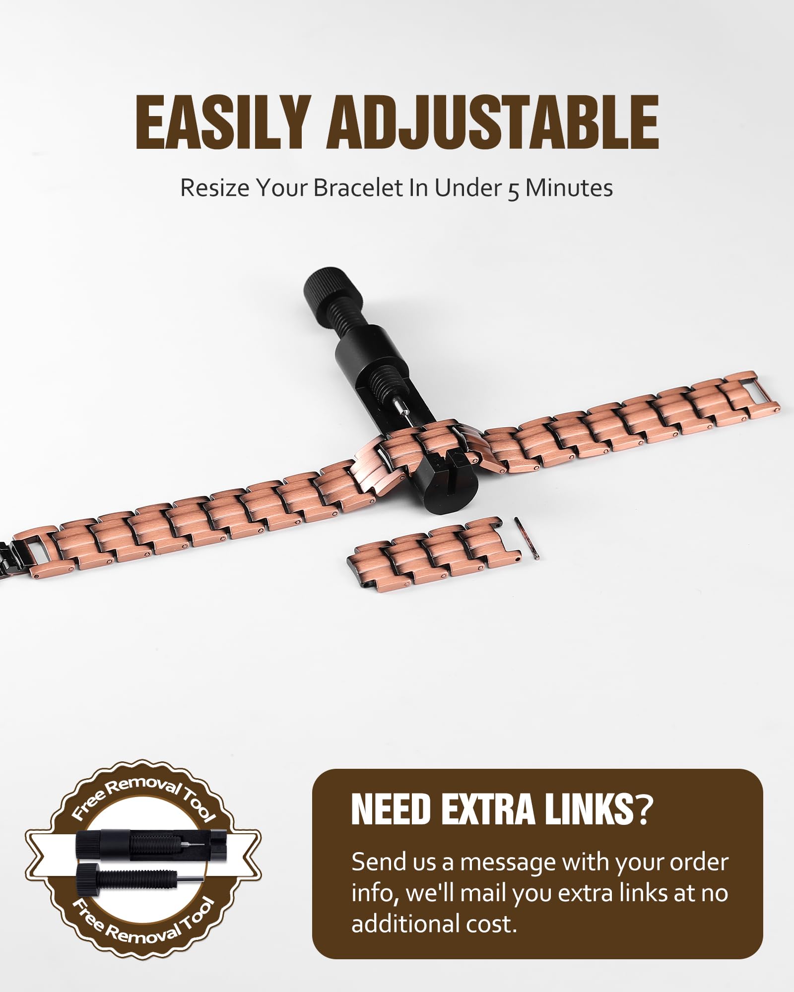 Durable materials and earthy finish in the Jecanori copper bracelet.