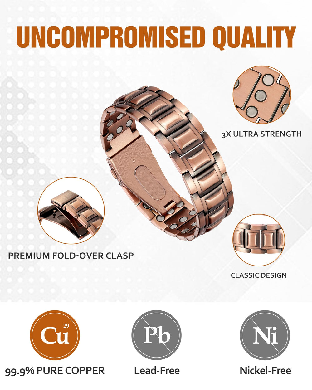 Jecanori fold-over clasp close-up on copper bracelet.