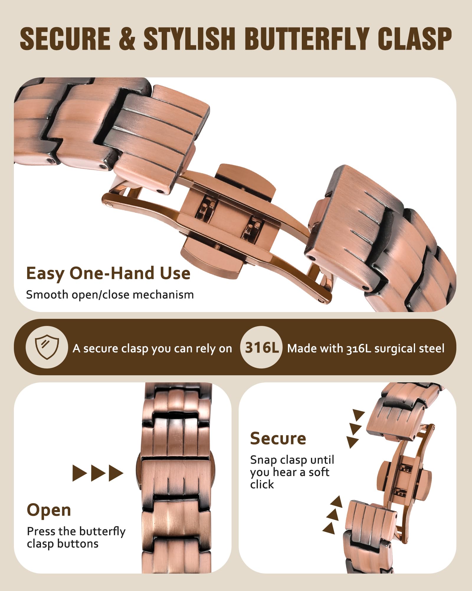 Jecanori Luxury Butterfly Clasp shown with secure, seamless closure