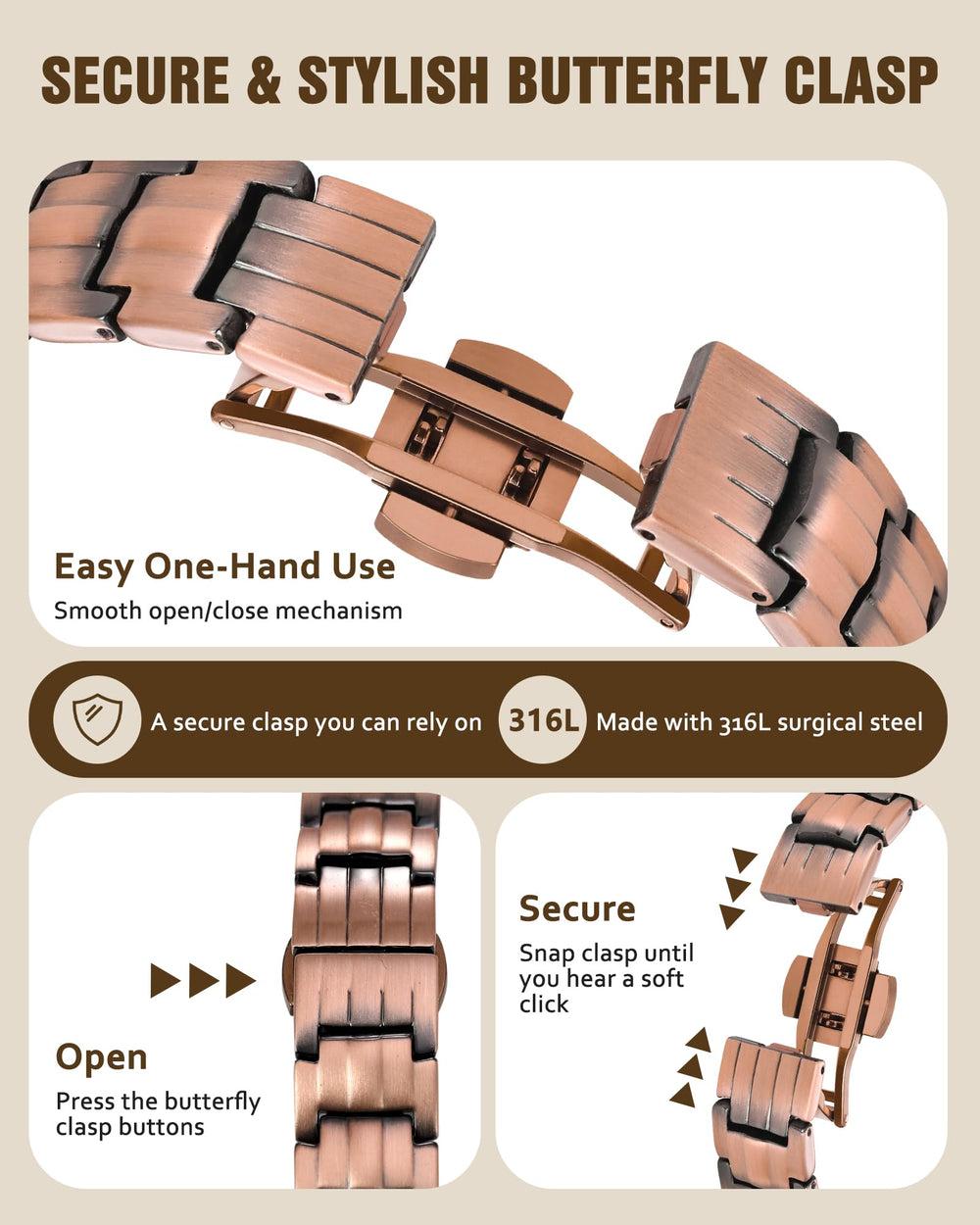 Jecanori Luxury Butterfly Clasp shown with secure, seamless closure