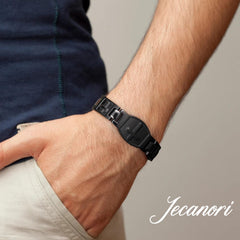 Jecanori magnetic bracelet closeup shows magnets and modern versatility for any outfit.