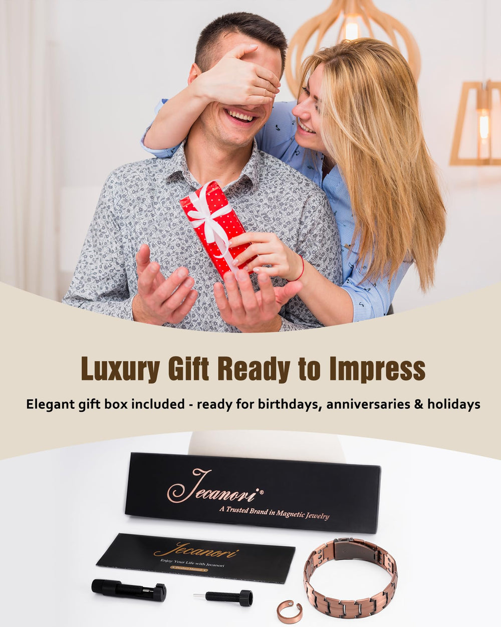 Jecanori men's copper ring overview showing cohesive set with bracelet.