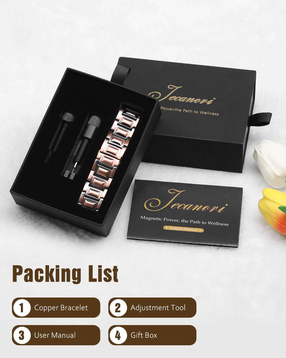 Jecanori premium design combines copper warmth with stainless clasp.