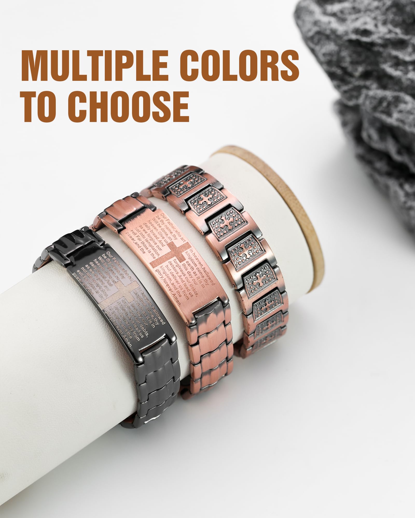 Polished copper finish and side view of Jecanori bracelet