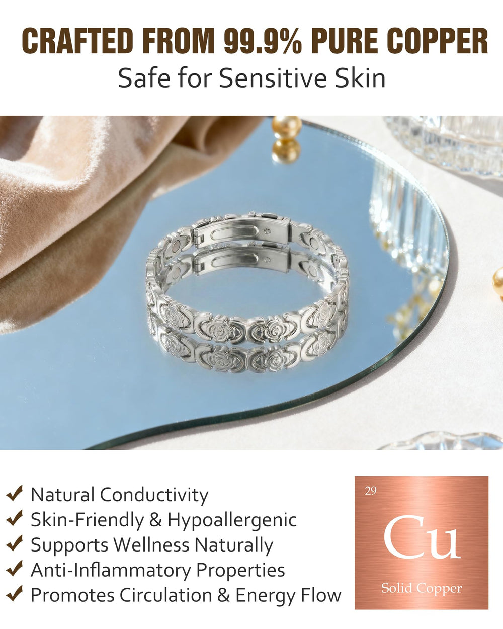 Premium fold-over clasp close-up highlights secure, easy fastening.