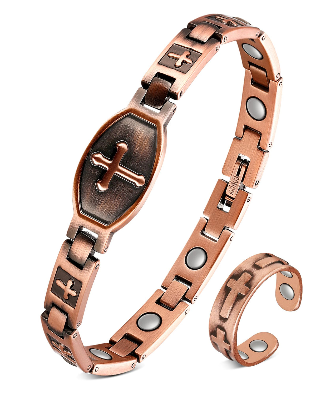 Jecanori pure copper bracelet with cross and ring for daily style.