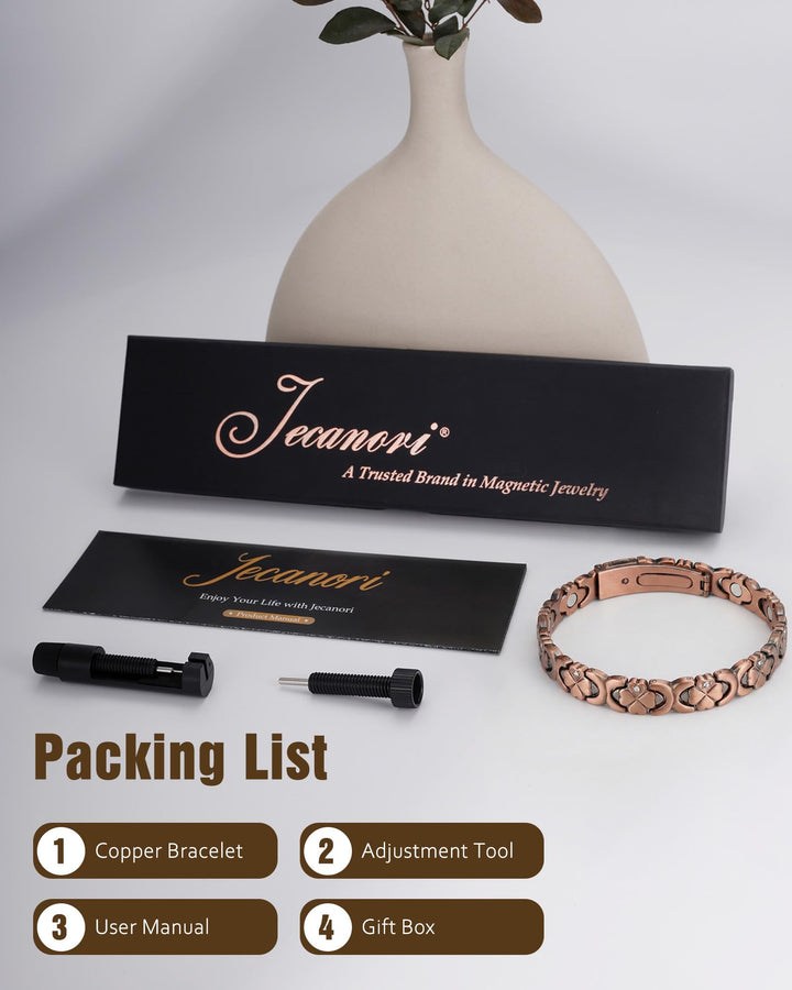 Jecanori solid copper bracelet, skin-friendly hypoallergenic material for sensitive skin.
