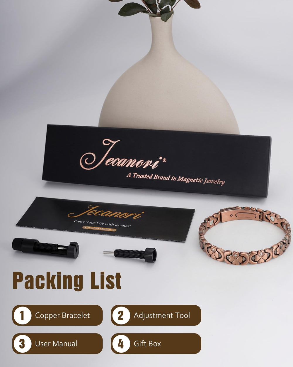 Jecanori solid copper bracelet, skin-friendly hypoallergenic material for sensitive skin.