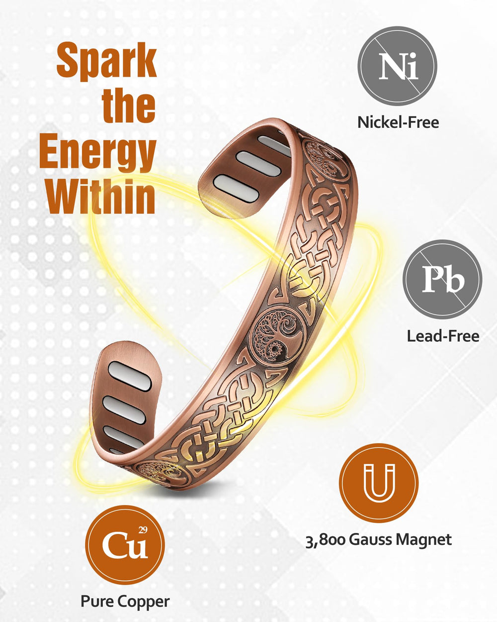 Jecanori SunMoonLifeTree motif detail on copper bracelet