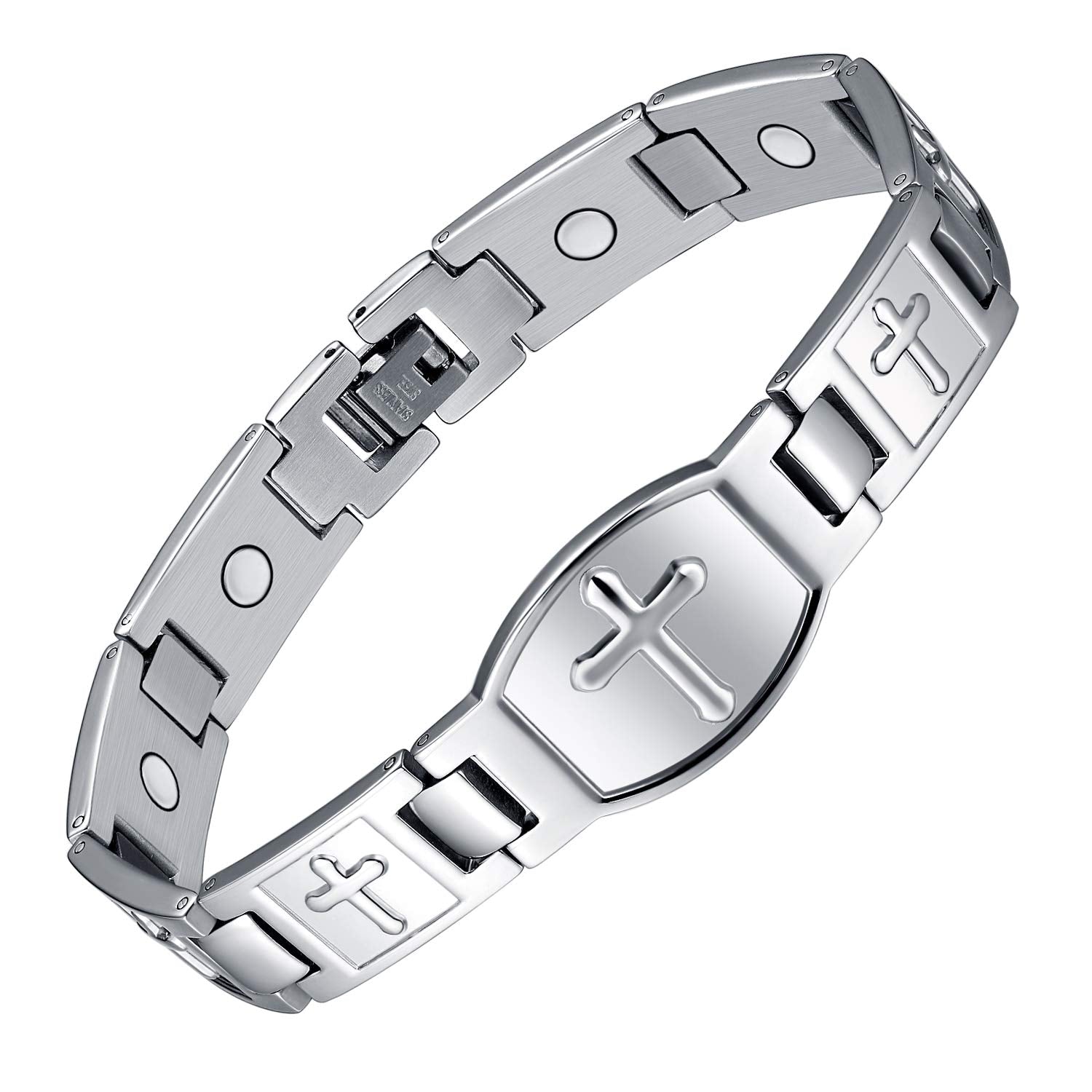 Jecanori magnetic bracelet for men in silver closeup of magnets for reliable daily wear.