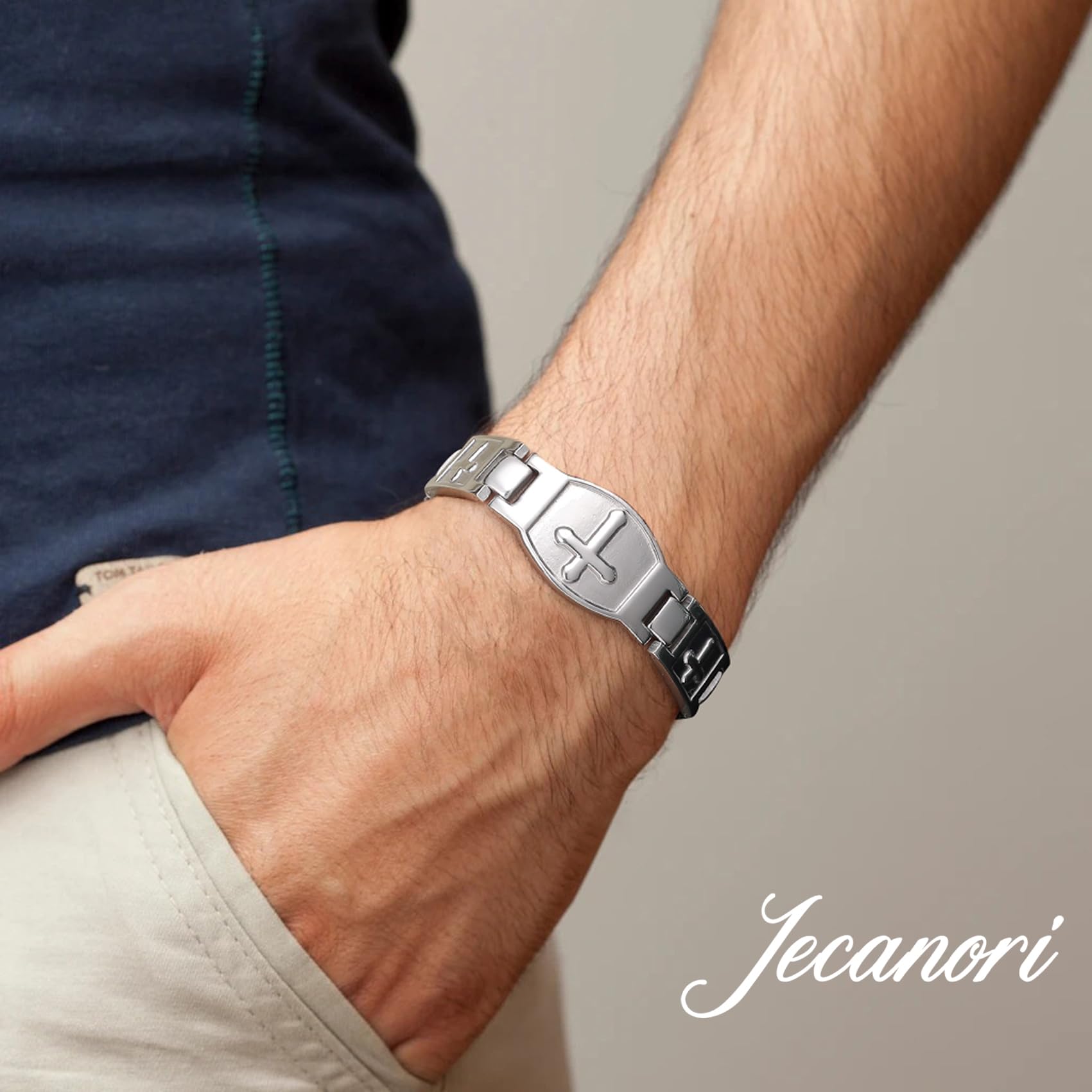 Jecanori magnetic bracelet for men silver worn on wrist with adjustable fit.