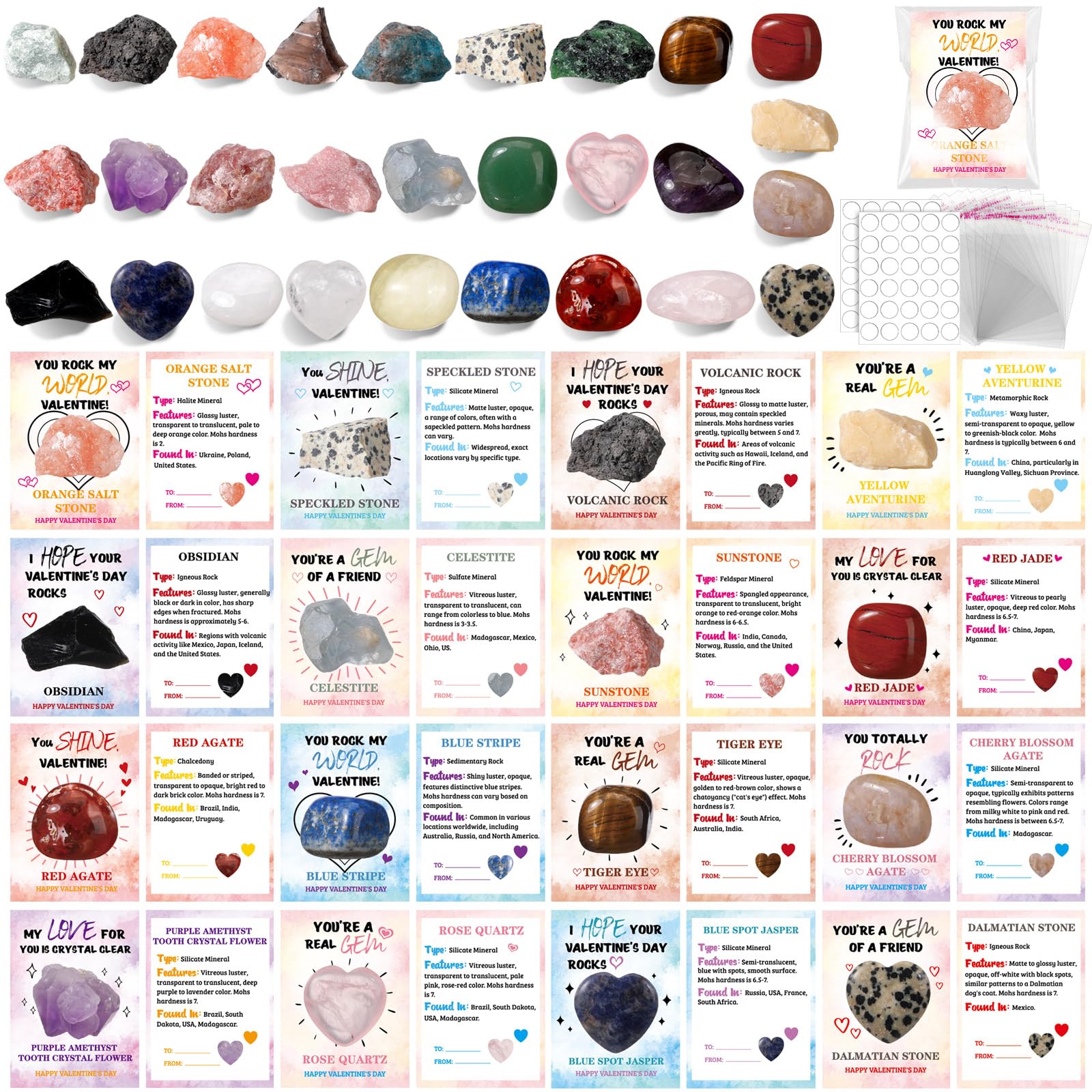 JellyArch Valentine crystals and heart gems displayed for gift exchange