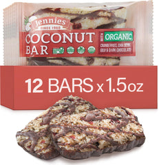Jennies Goji Moji Coconut Bar packaging shows a gluten-free, peanut-free snack option for on-the-go