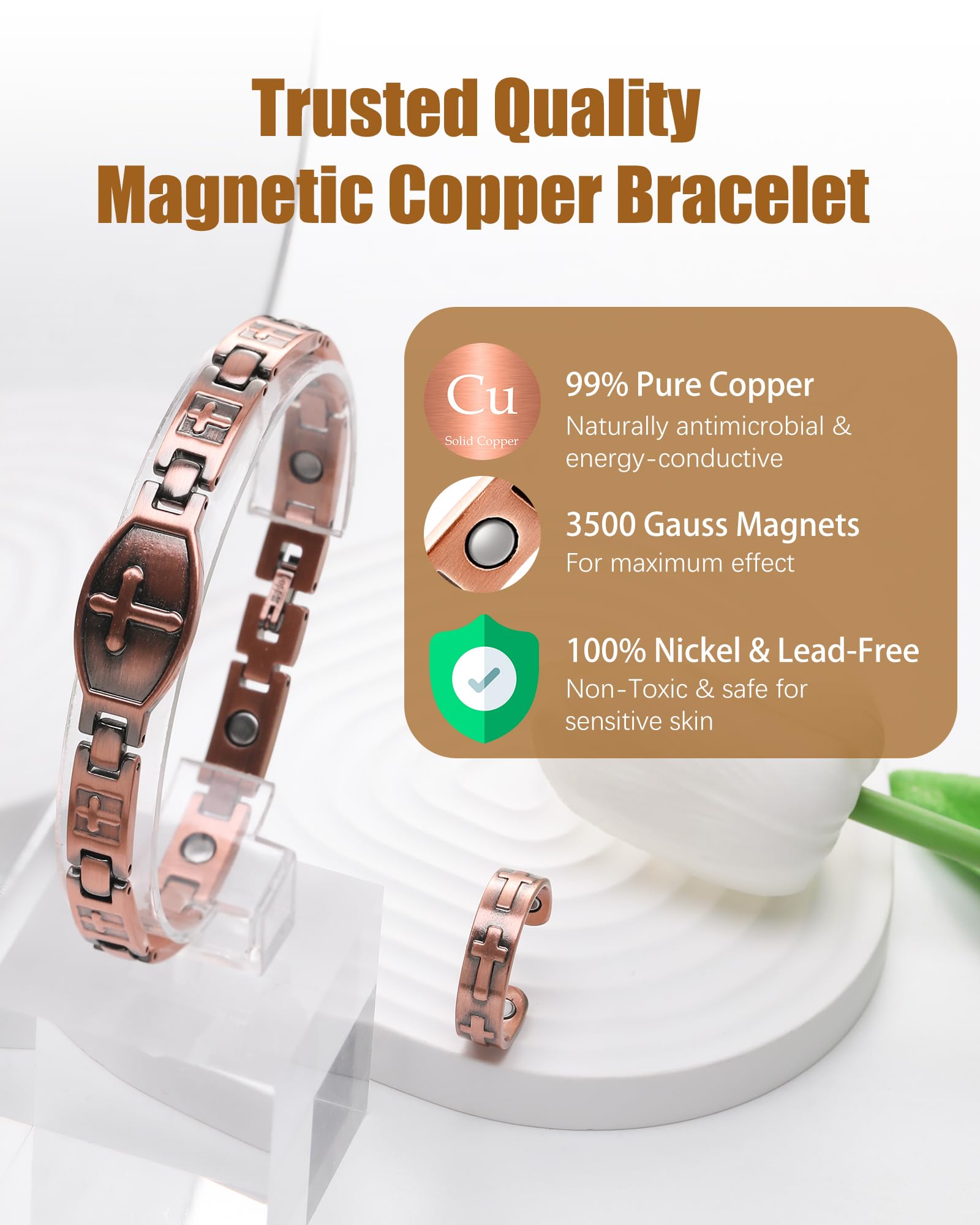 Close-up of Jeracol bracelet magnets showing 3500 Gauss strength for daily support