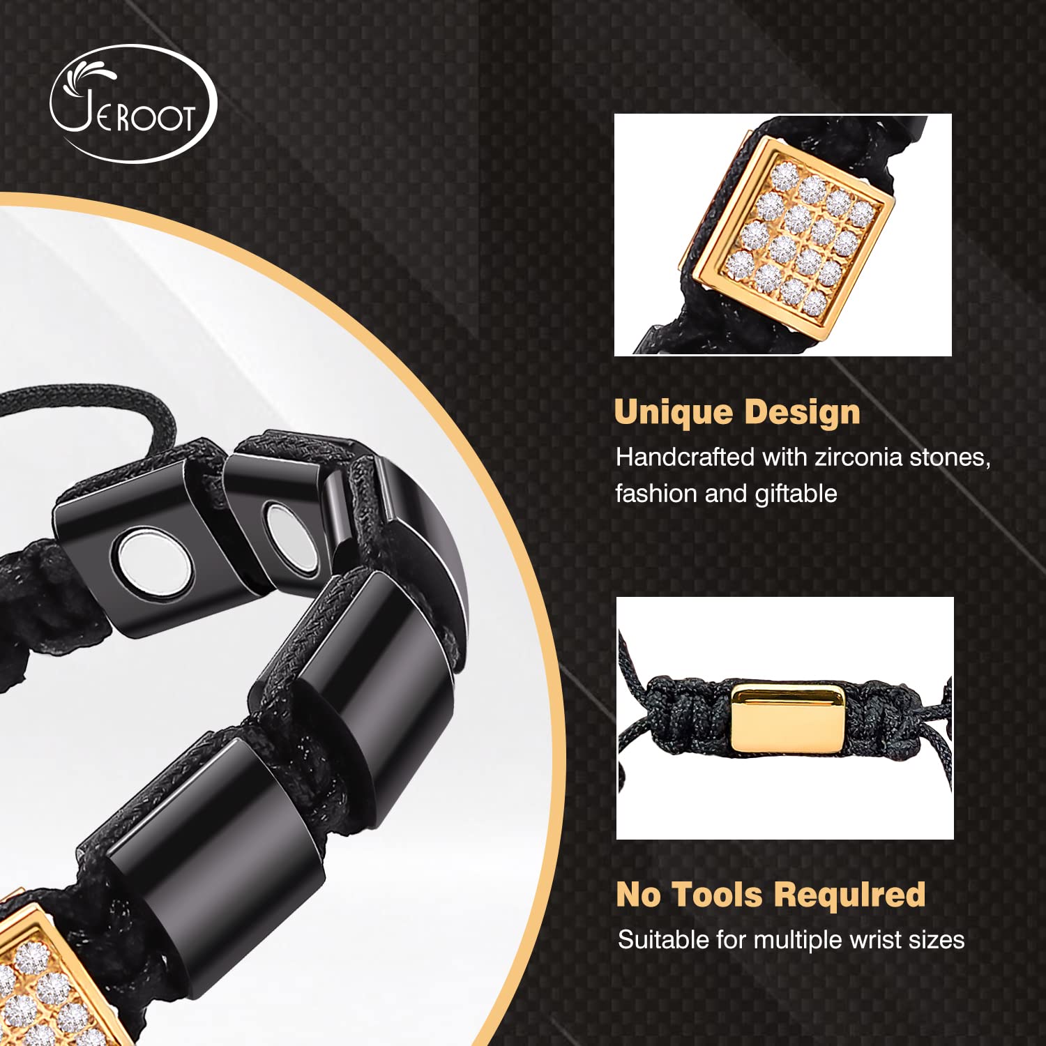 JEROOT adjustable bracelet fits wrists from 18 to 25 cm.
