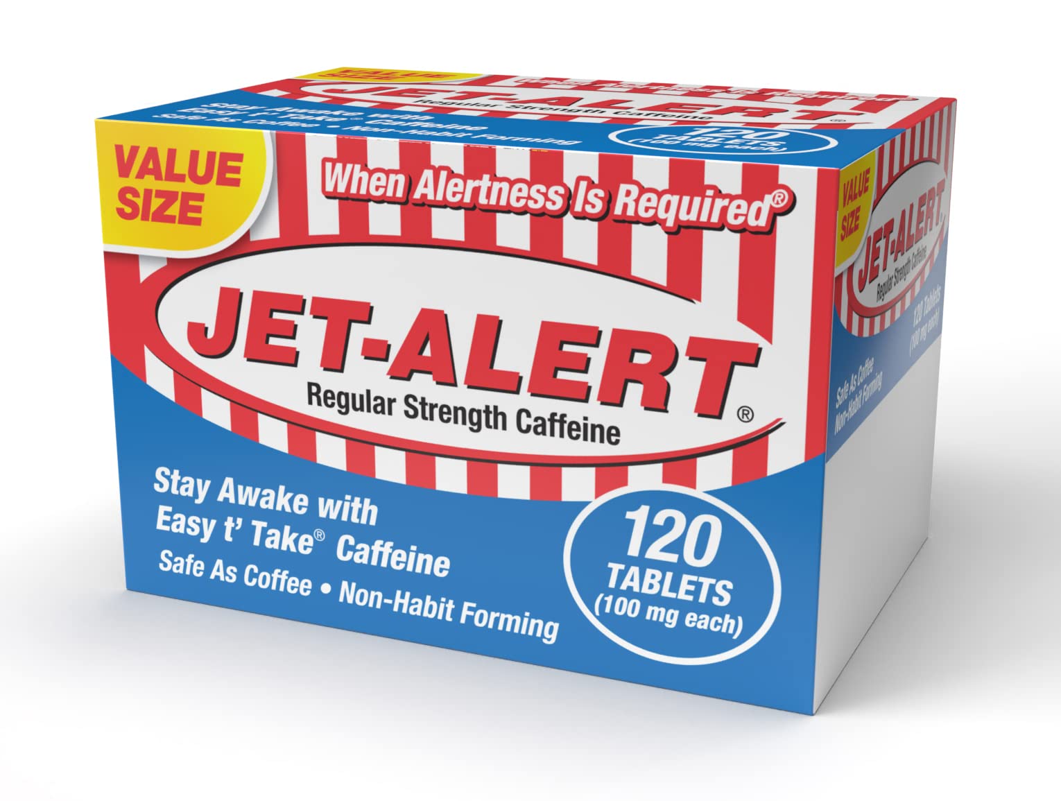 Jet-Alert 100 mg caffeine tab bottle on a desk for quick daytime alertness.