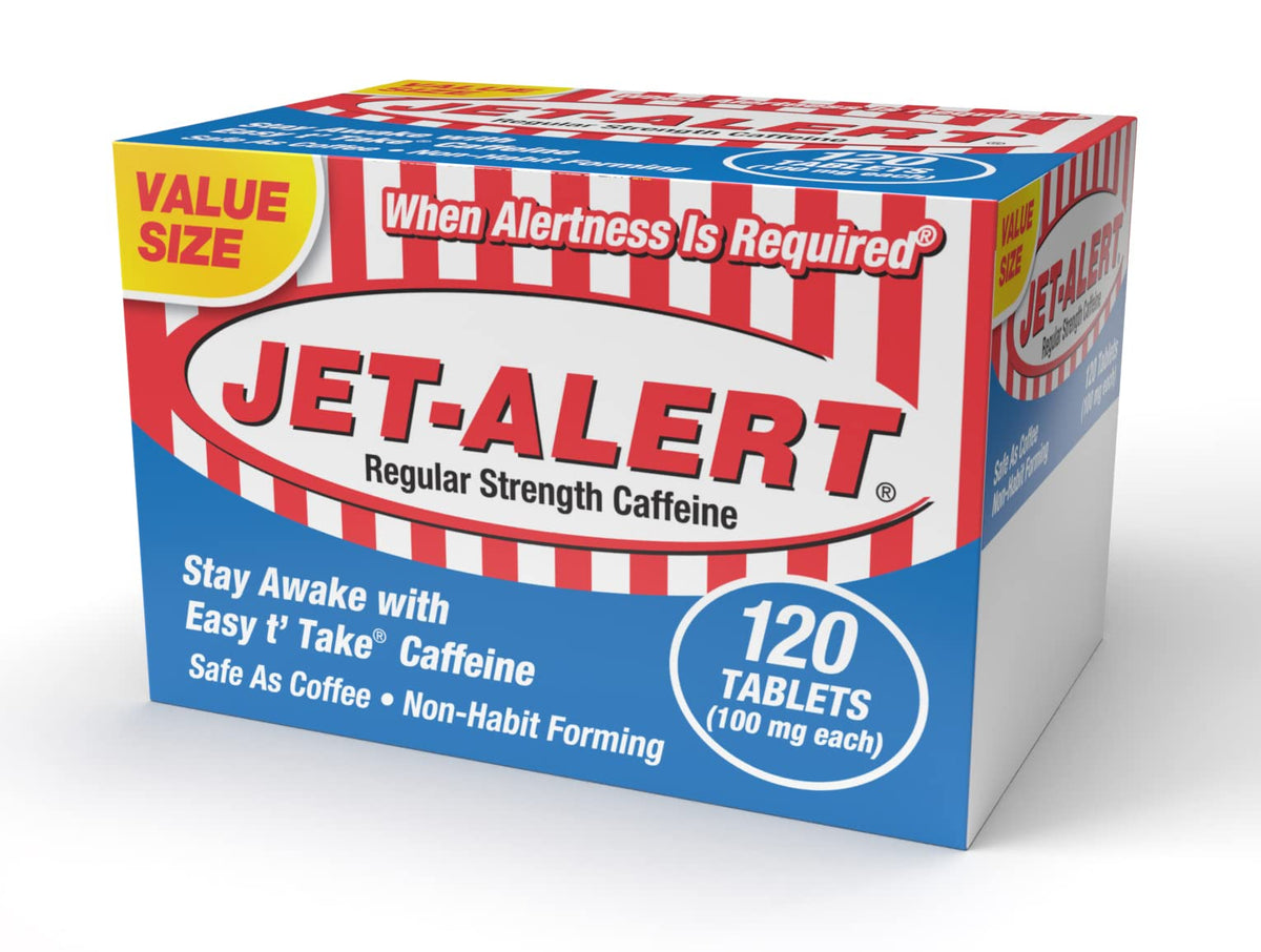 Jet-Alert 100 mg caffeine tab bottle on a desk for quick daytime alertness.
