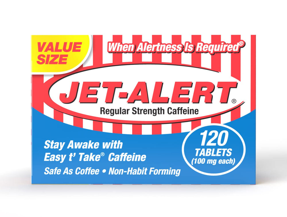 Jet-Alert 100 mg caffeine tab tablet in hand for easy, portable energy.