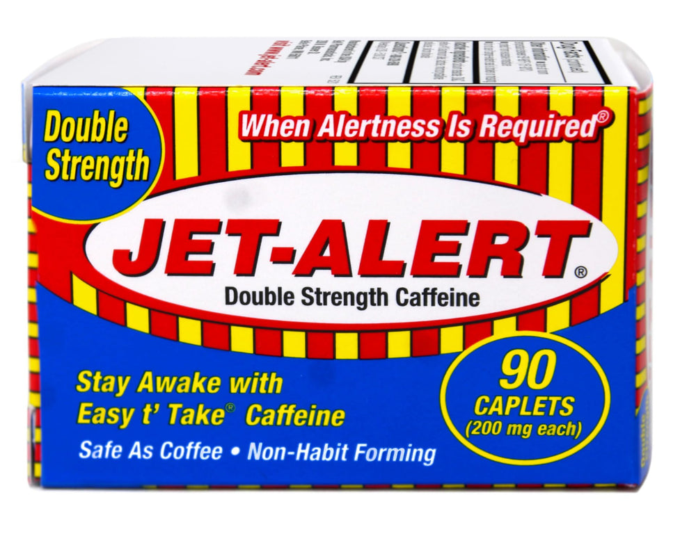 Jet-Alert caplets closeup showing 200 mg caffeine per caplet for focus
