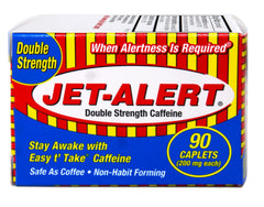 Jet-Alert caplets closeup showing 200 mg caffeine per caplet for focus