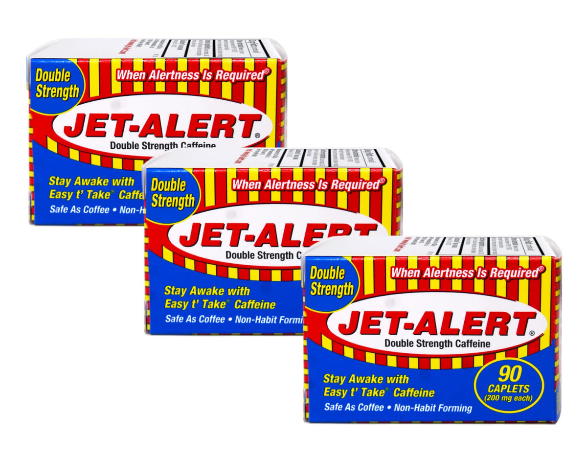 Jet-Alert Double Strength caffeine caplets pack-front for convenient energy on the go