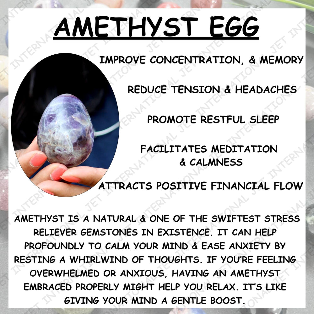 Jet International amethyst egg aids chakra balancing during daily mindfulness