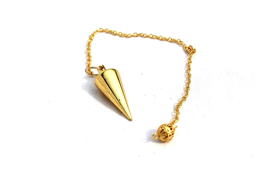 Jet International Gold Cone Chamber Pendulum with crystal insert for personalized energy work.