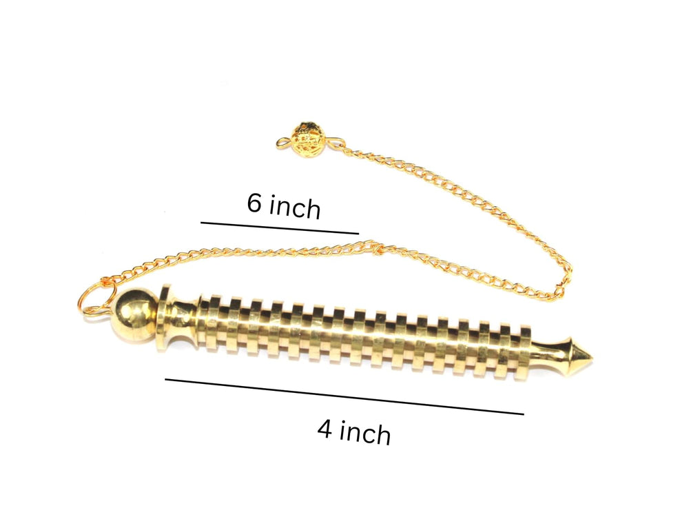 Jet International ISIS brass pendulum close-up highlighting cord and polished finish for focused dowsing.