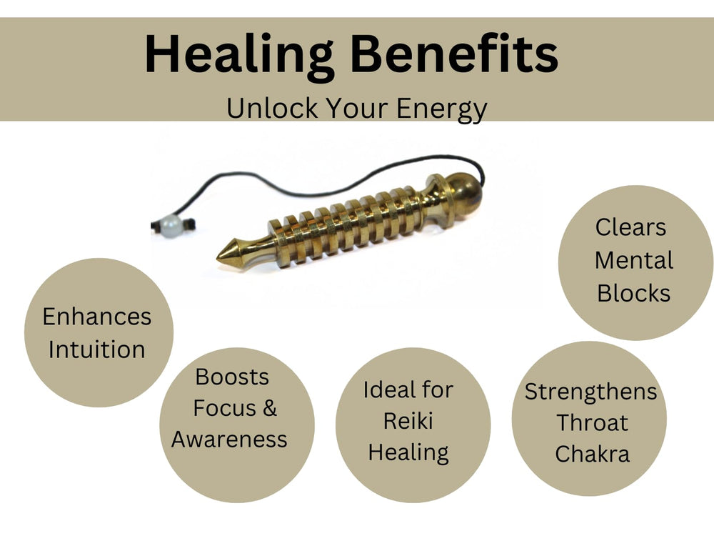Jet International brass pendulum aids aura reading and chakra scanning.