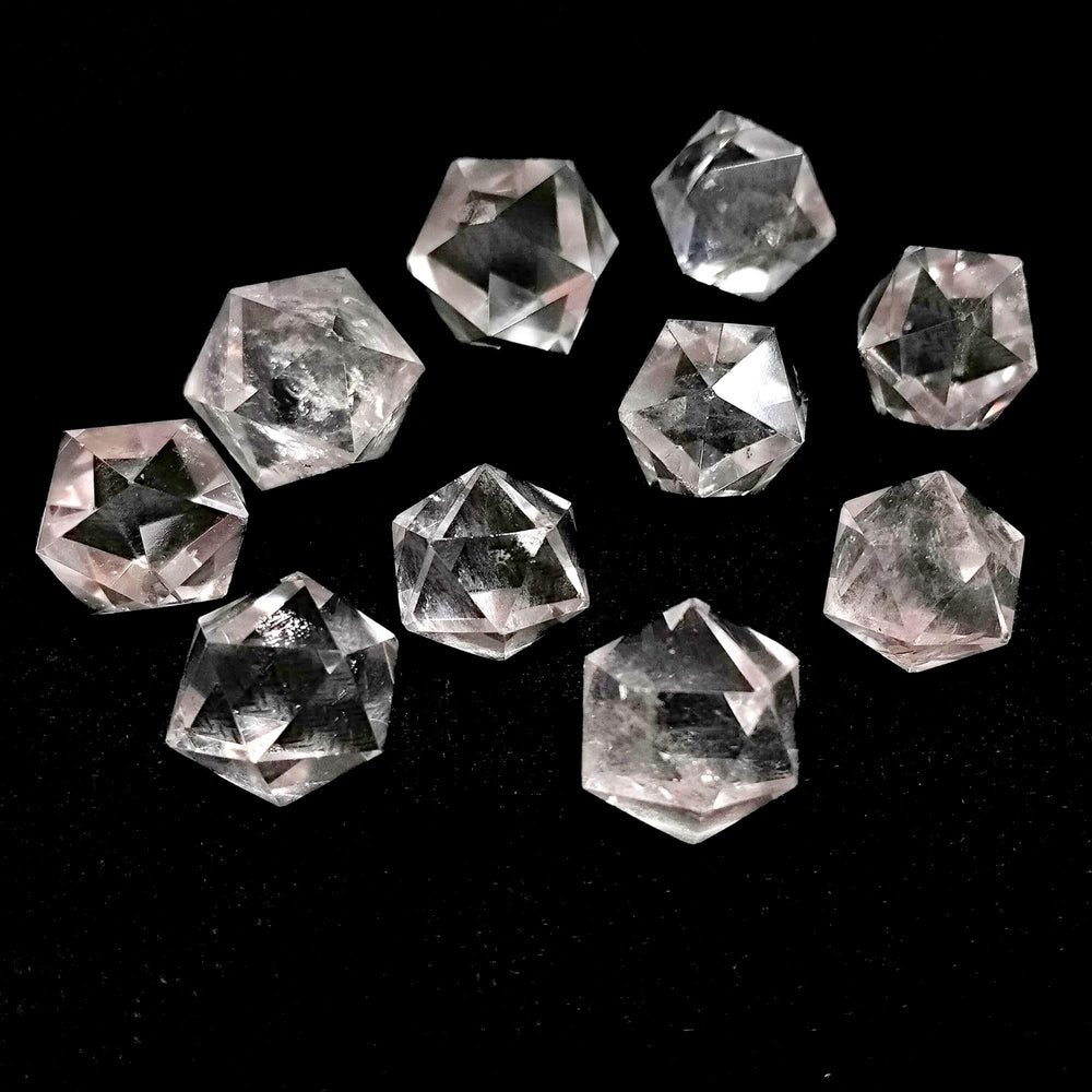 Jet International icosahedron close-up of natural quartz for energy work and decoration.