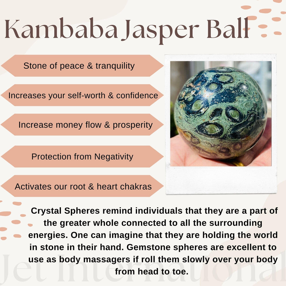 Jet International Kambaba Jasper sphere on desk promotes focus during work sessions.