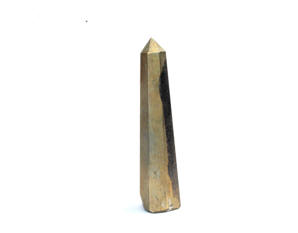 Jet International Pyrite Obelisk, front view, protective energy aid for meditation.