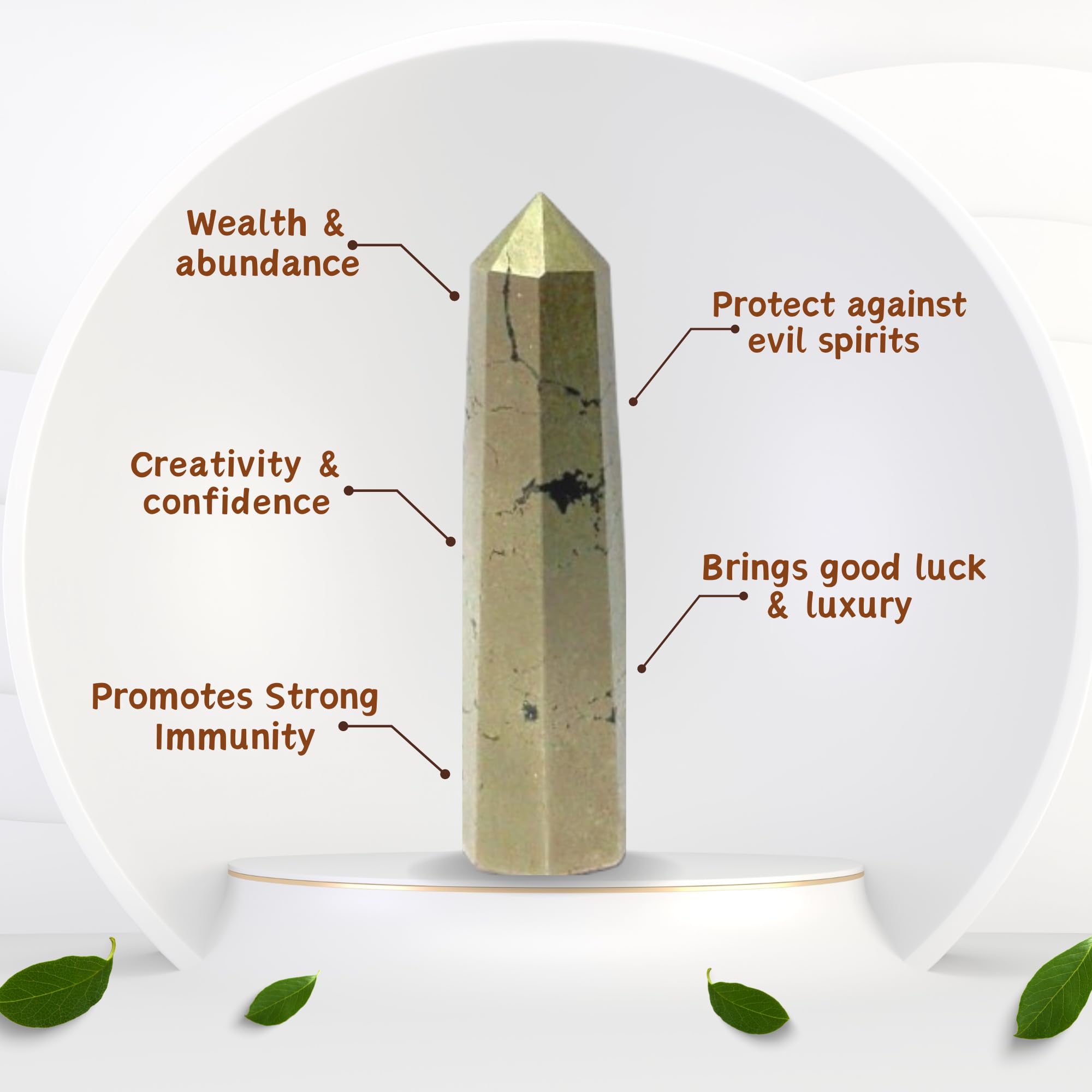 Jet International Pyrite Obelisk, side view, stabilizing energy for focus.