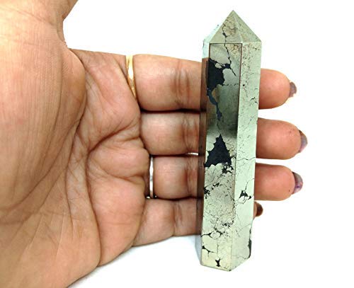 Jet International Pyrite Obelisk, texture close-up, natural luster supports calm.
